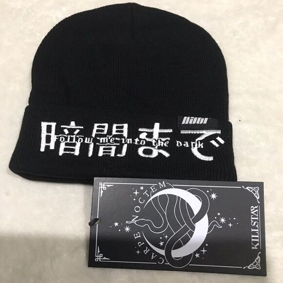 Killstar ✦ Follow Me Into The Dark Beanie ✦ Black Knit w/ White Embroidery NWT - Picture 3 of 7